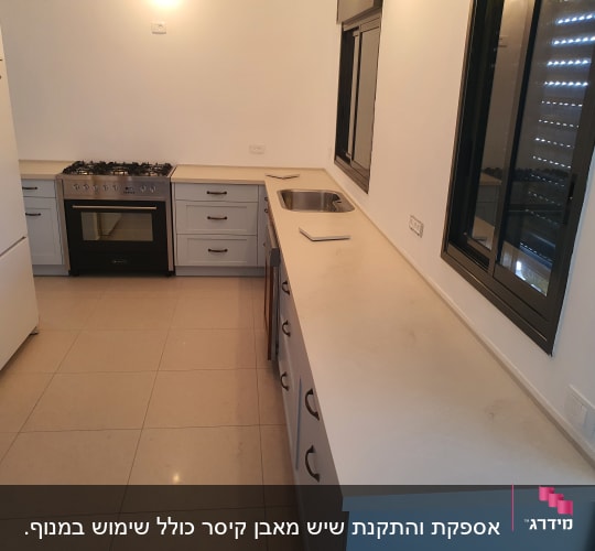 משטח שיש במטבח עם כיור וברז